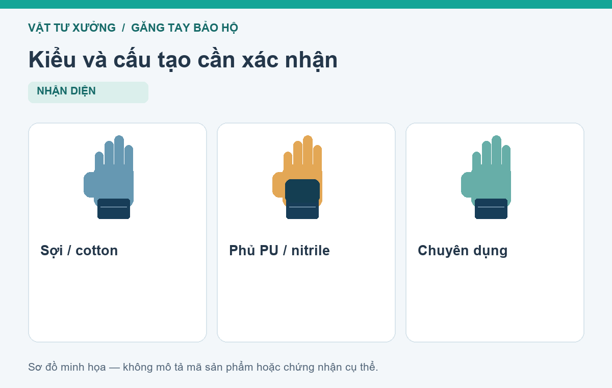 Kiểu và cấu tạo cần xác nhận: Sợi / cotton, Phủ PU / nitrile, Chuyên dụng