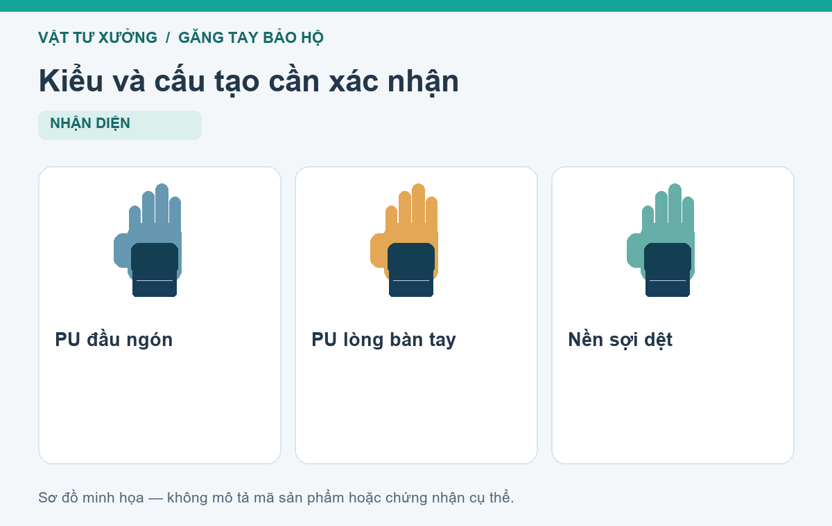 Kiểu và cấu tạo cần xác nhận: PU đầu ngón, PU lòng bàn tay, Nền sợi dệt