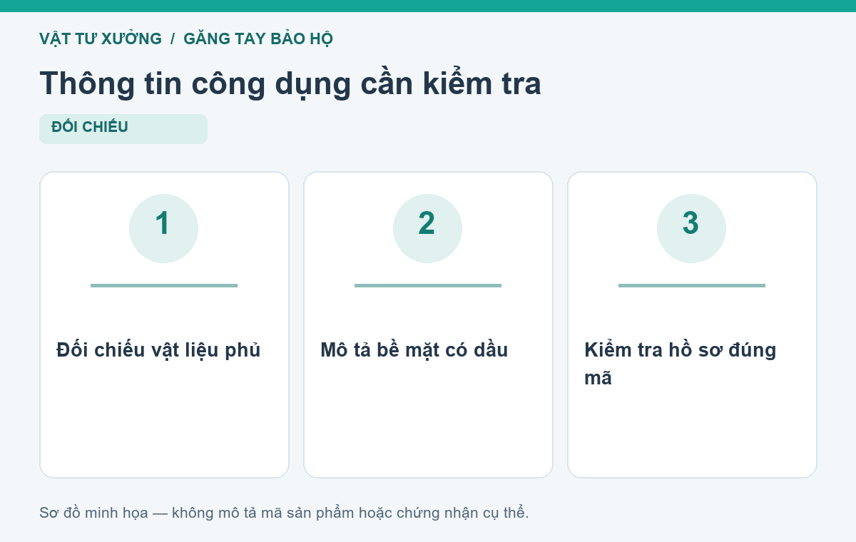 Thông tin công dụng cần kiểm tra: Đối chiếu vật liệu phủ, Mô tả bề mặt có dầu, Kiểm tra hồ sơ đúng mã