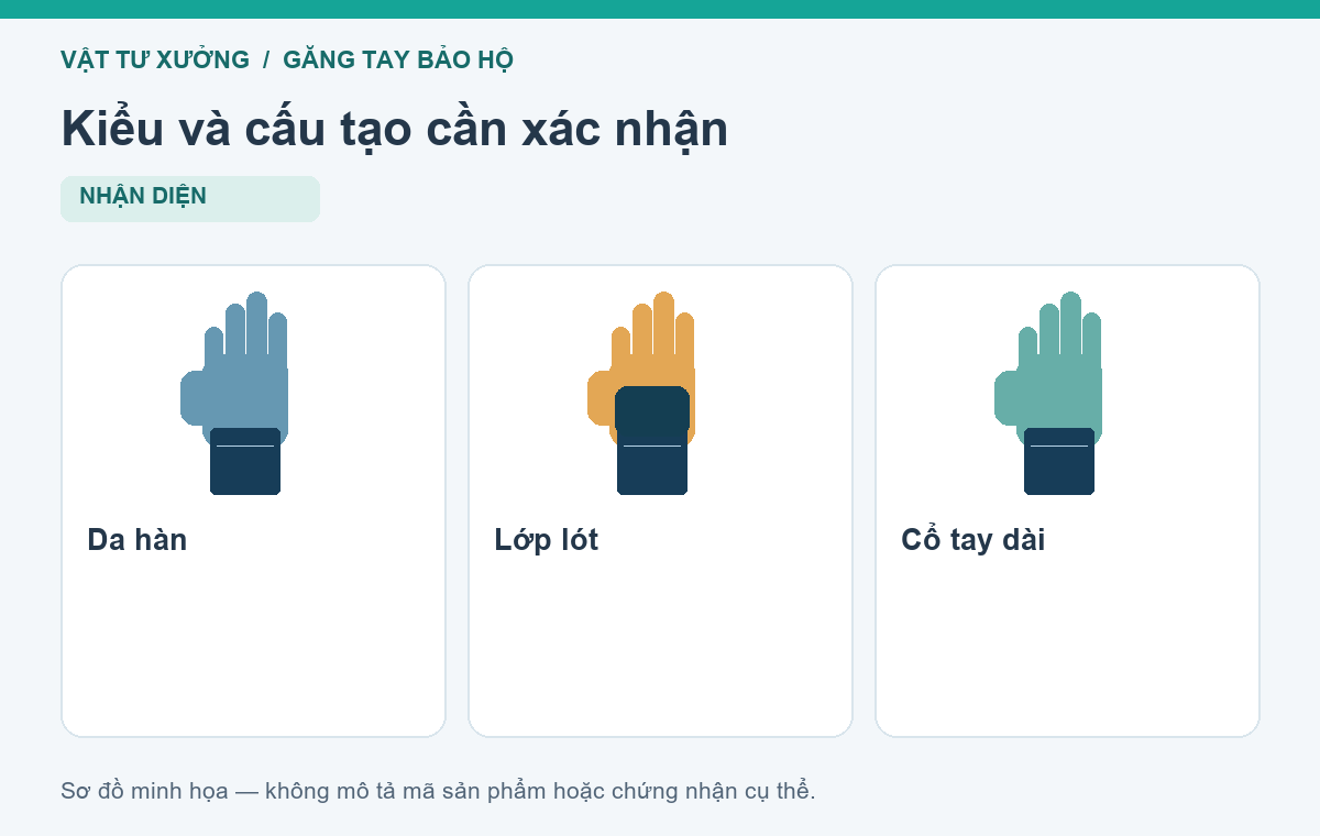 Kiểu và cấu tạo cần xác nhận: Da hàn, Lớp lót, Cổ tay dài