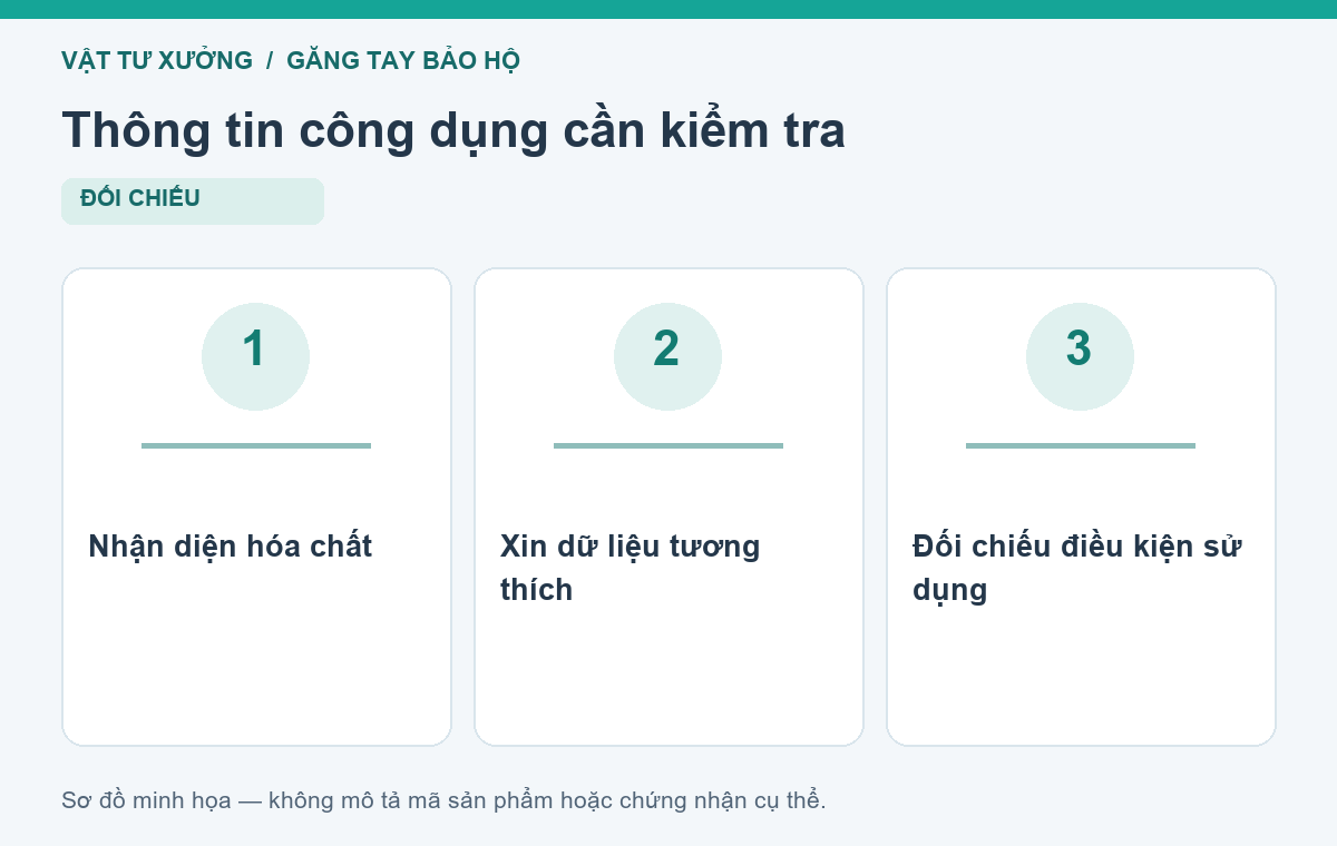 Thông tin công dụng cần kiểm tra: Nhận diện hóa chất, Xin dữ liệu tương thích, Đối chiếu điều kiện sử dụng