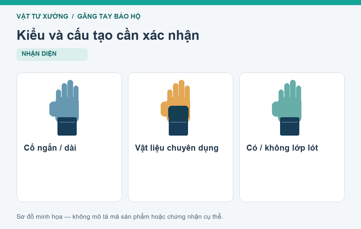 Kiểu và cấu tạo cần xác nhận: Cổ ngắn / dài, Vật liệu chuyên dụng, Có / không lớp lót