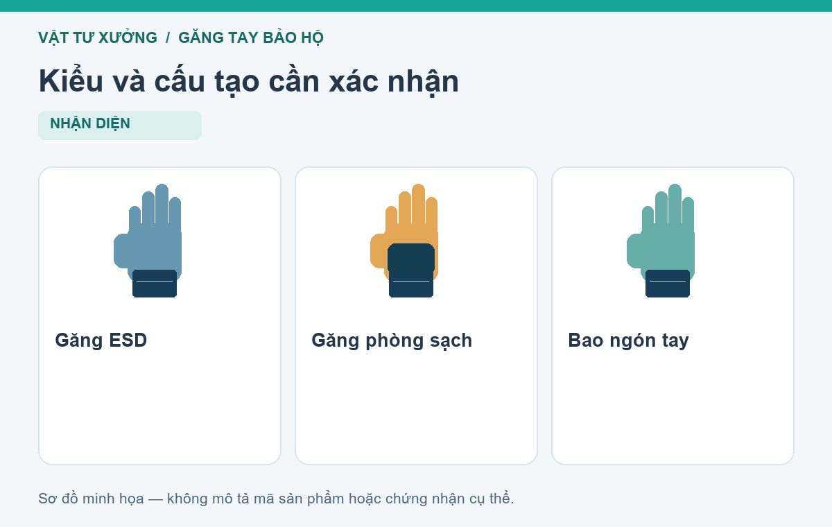 Kiểu và cấu tạo cần xác nhận: Găng ESD, Găng phòng sạch, Bao ngón tay