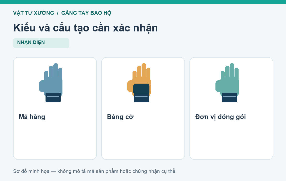 Kiểu và cấu tạo cần xác nhận: Mã hàng, Bảng cỡ, Đơn vị đóng gói