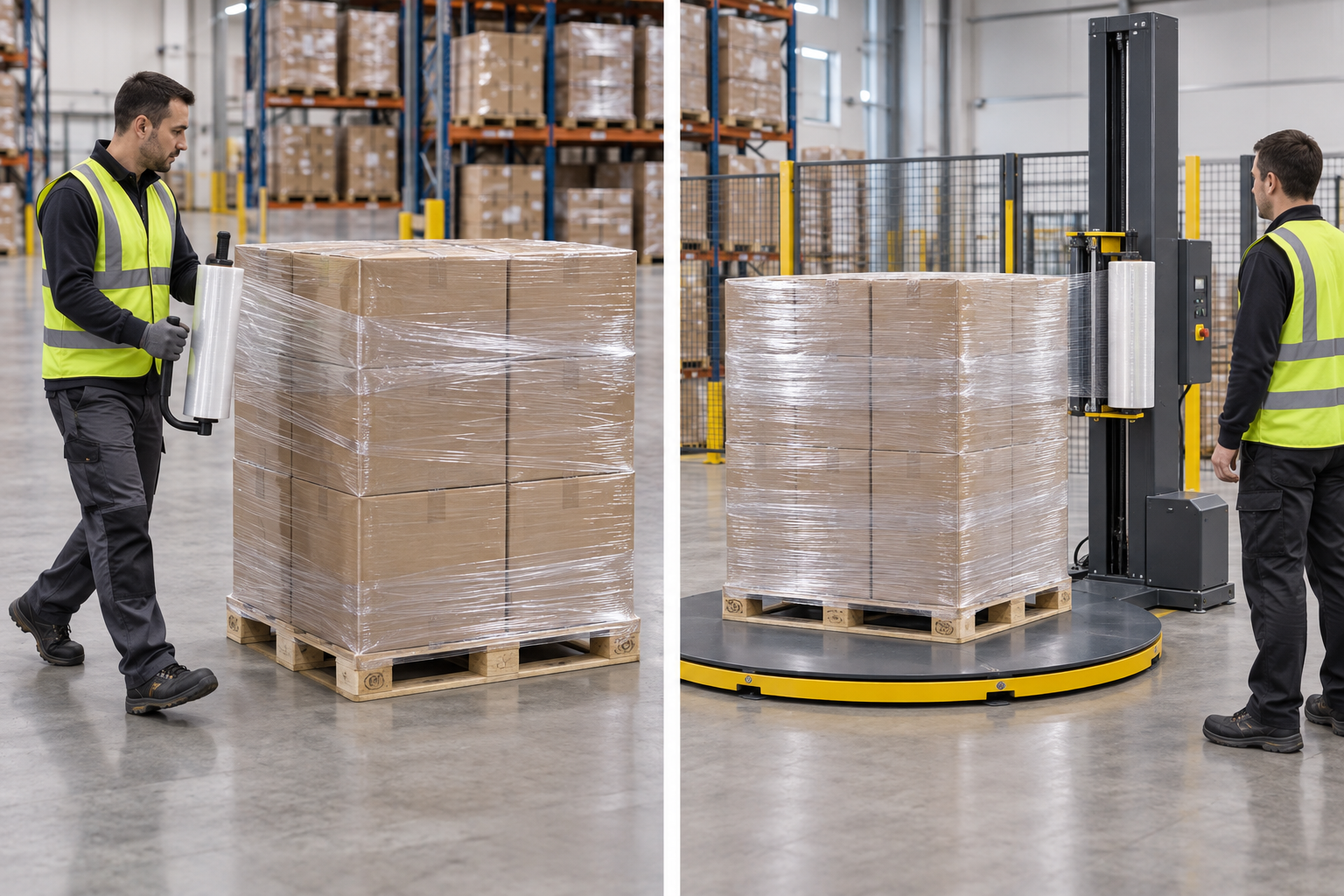 Minh họa quấn pallet bằng tay và bằng máy trong kho hàng