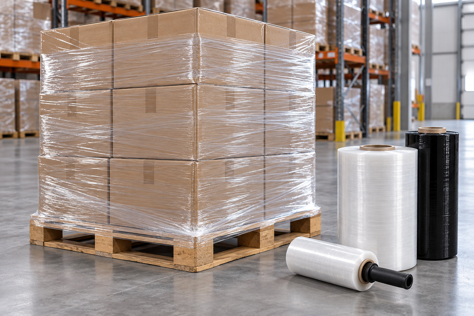 Cuộn màng PE quấn tay, cuộn quấn máy và màng màu đen bên pallet hàng