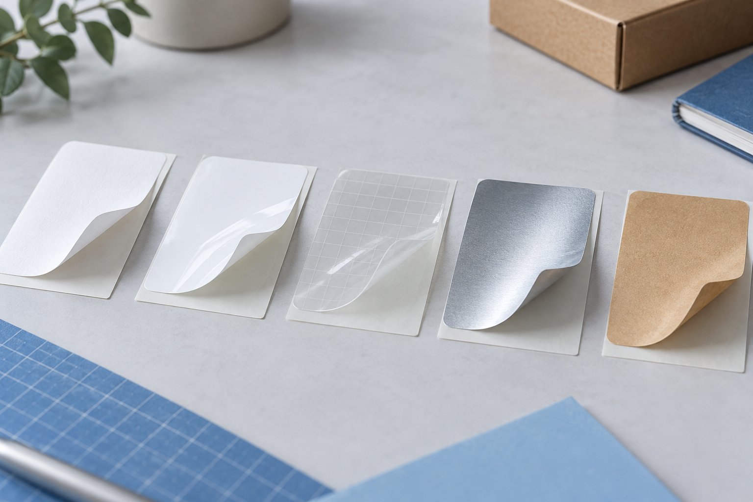 Minh họa mẫu decal giấy, nhựa trắng, trong, bạc và kraft trên lớp đế