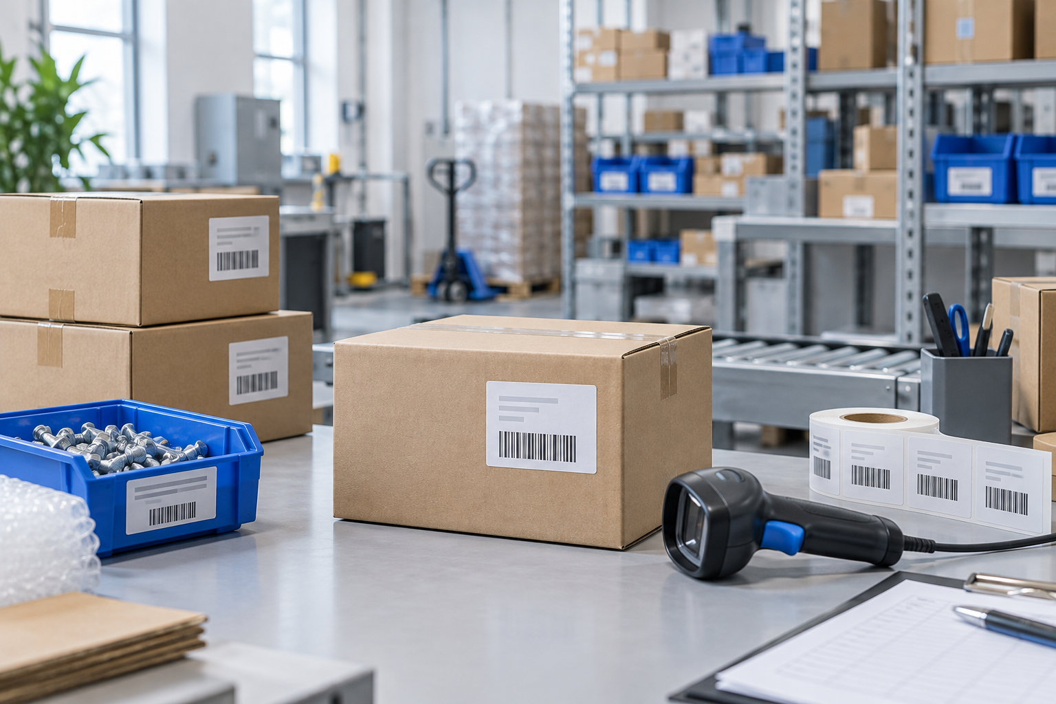 Minh họa tem nhận diện trên thùng carton và hộp linh kiện trong kho