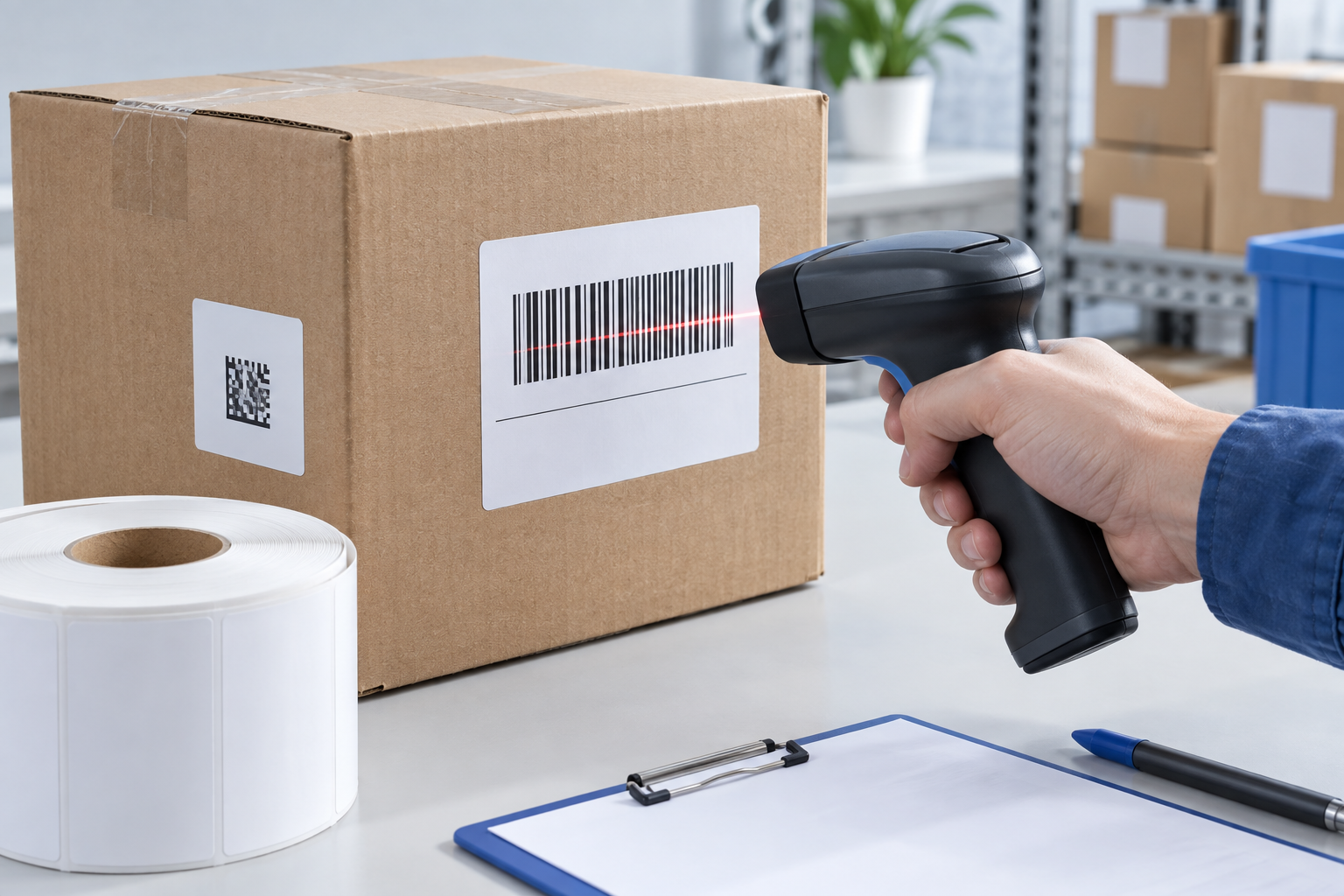 Minh họa máy quét và nhãn mã trên thùng carton; mã trong ảnh không dùng vận hành