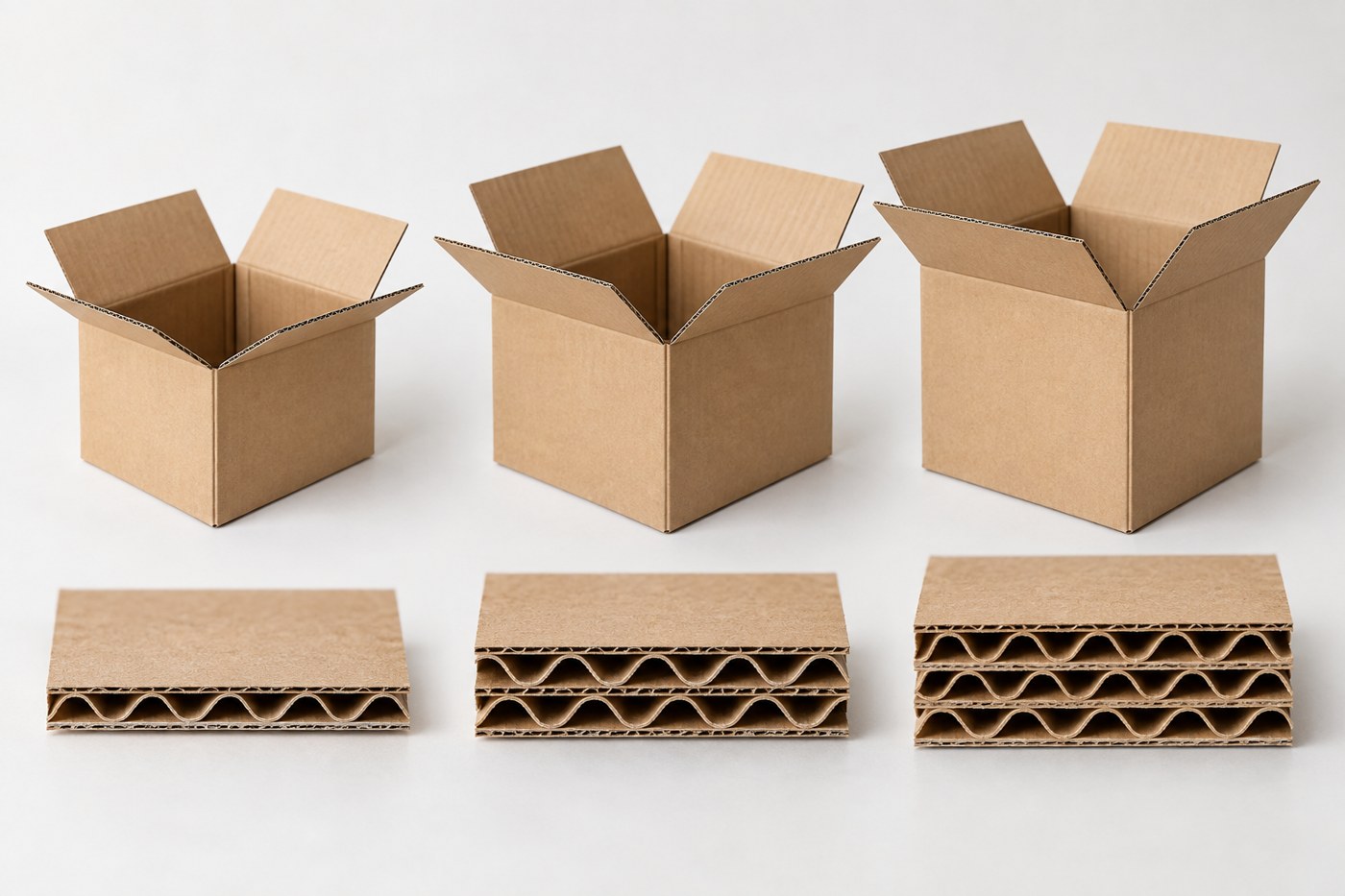 Các mẫu thùng carton mở nắp và mặt cắt giấy một, hai, ba lớp sóng
