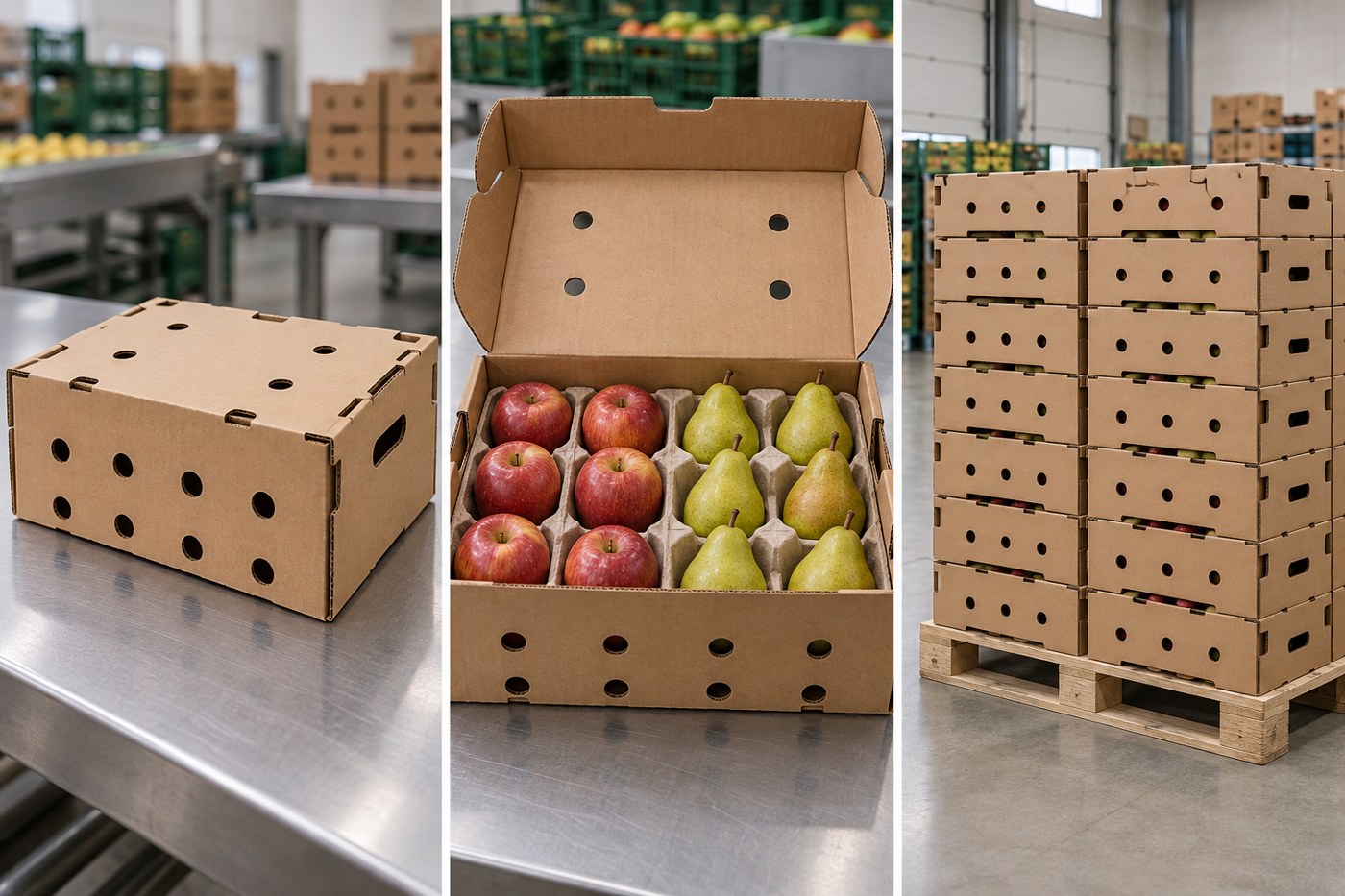 Thùng carton có lỗ thông khí và khay ngăn chứa trái cây, cạnh một pallet kiện trong kho