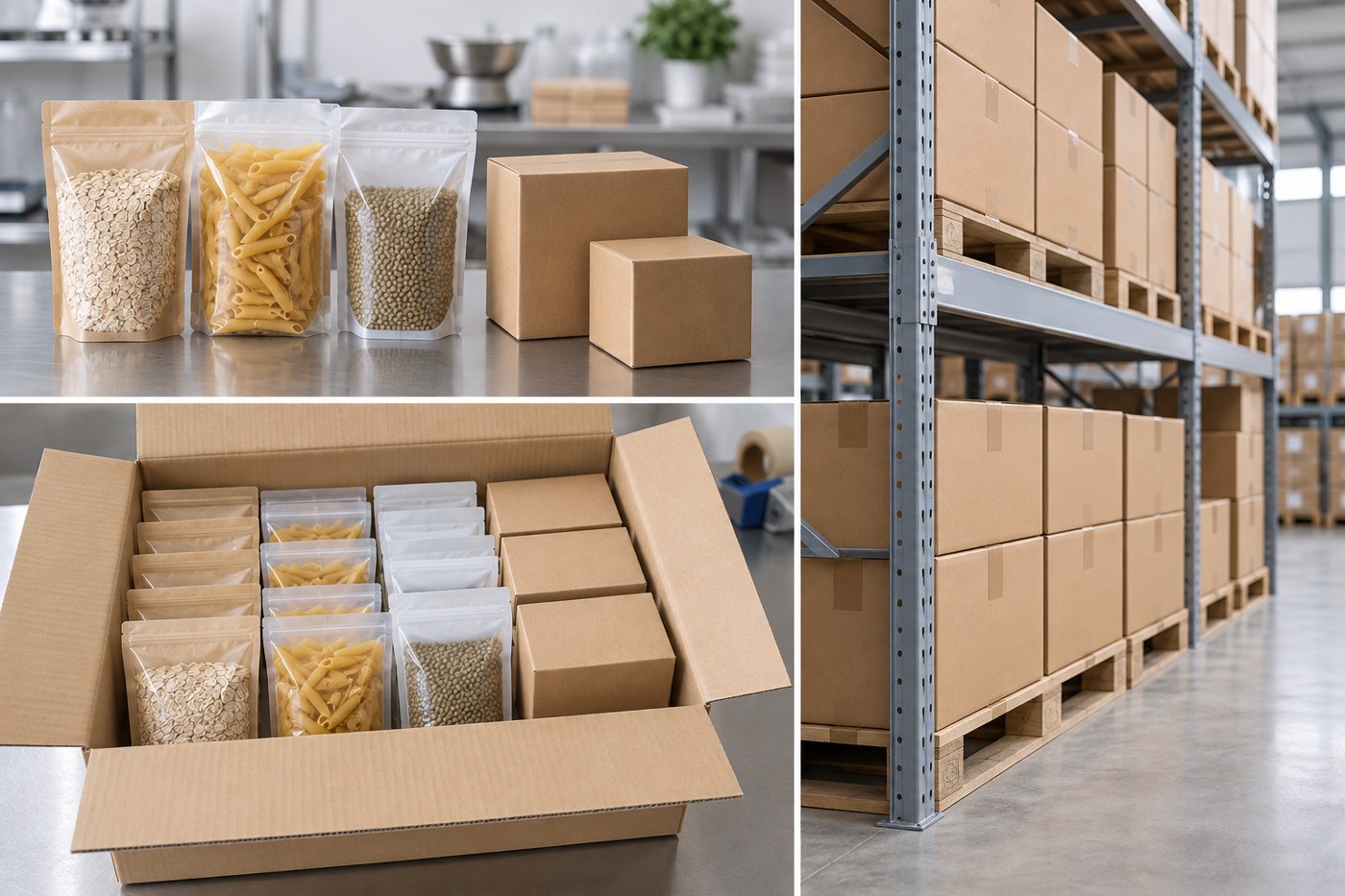 Các túi thực phẩm khô và hộp thực phẩm kín được xếp trong thùng carton sạch tại bàn đóng gói