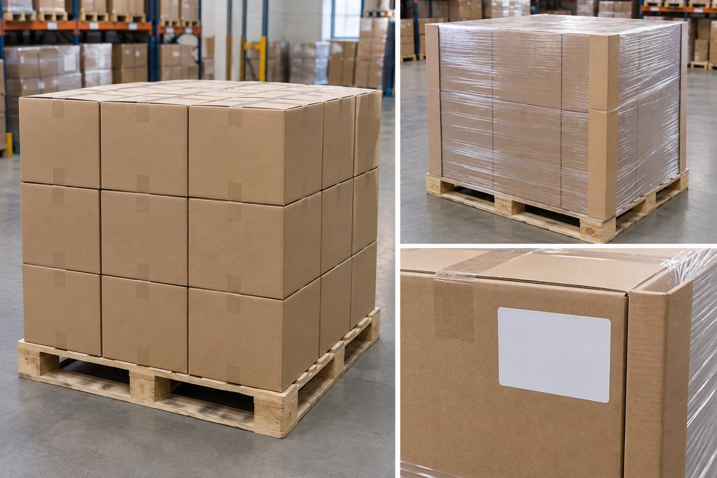 Pallet thùng carton xếp trong diện tích pallet, có góc bảo vệ và màng quấn tại kho minh họa