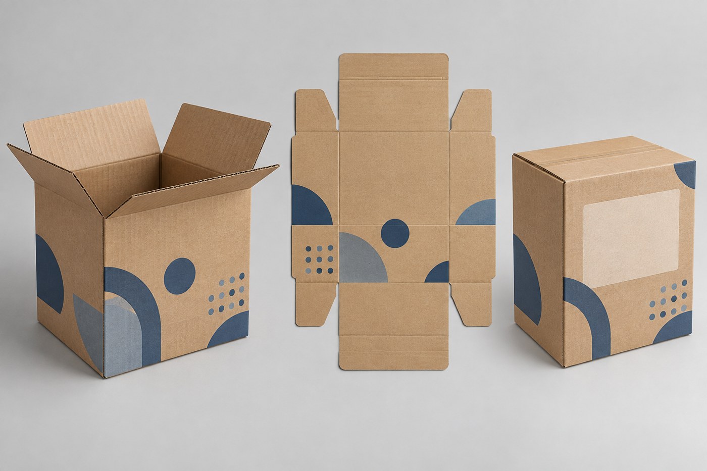 Thùng carton với họa tiết in mẫu không thương hiệu, bản triển khai và ô trống dành cho nhãn vận chuyển