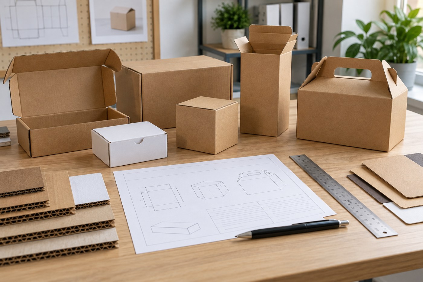 Các mẫu giấy và thùng carton trên bàn kiểm tra, thước đo và phiếu quy cách không có giá