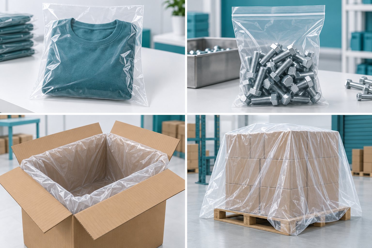 Ứng dụng túi PE cho may mặc, phụ kiện, lót thùng và trùm pallet
